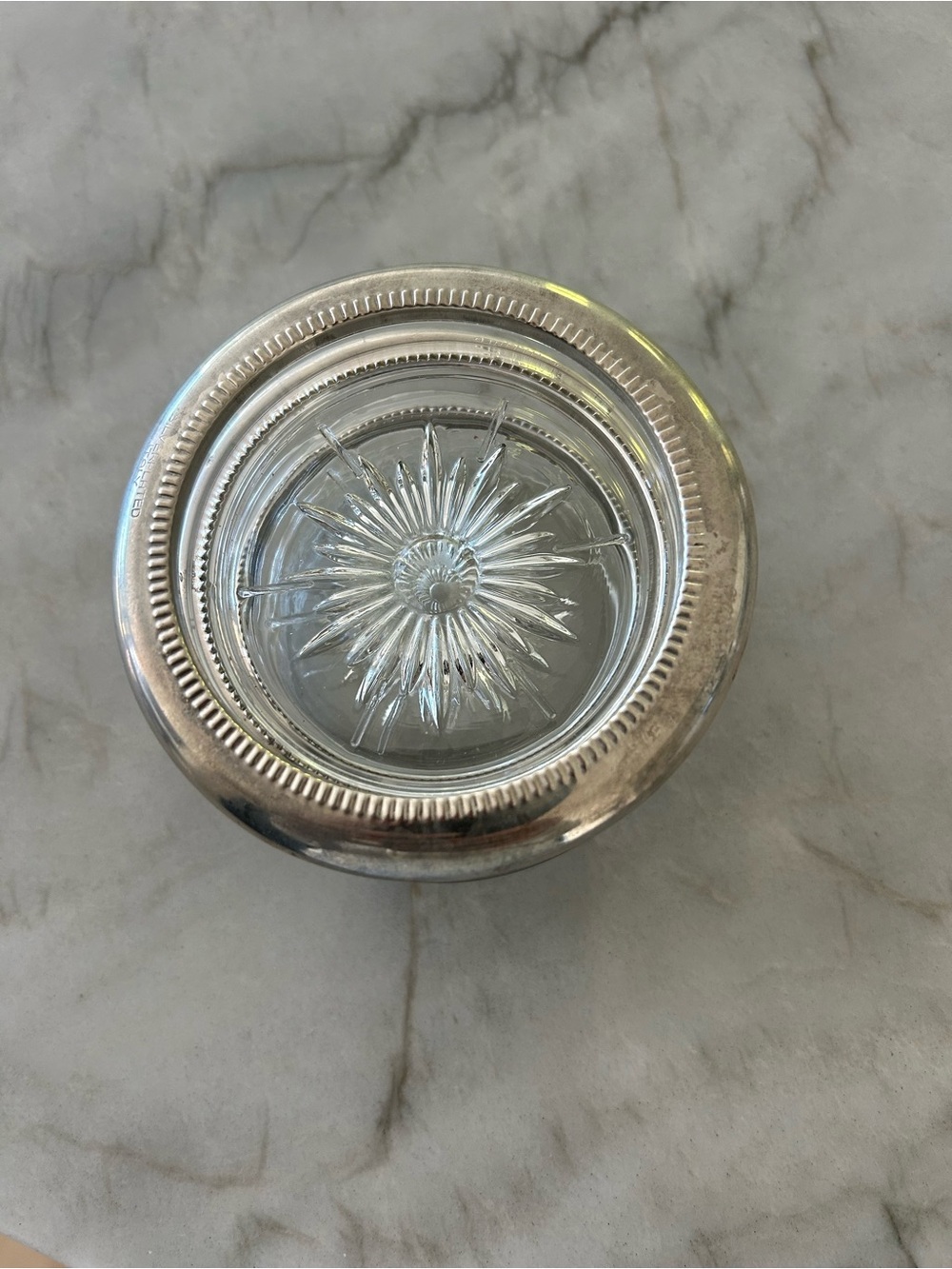 Clear vintage Glass Starburst coaster with Silver Rim set of 3
